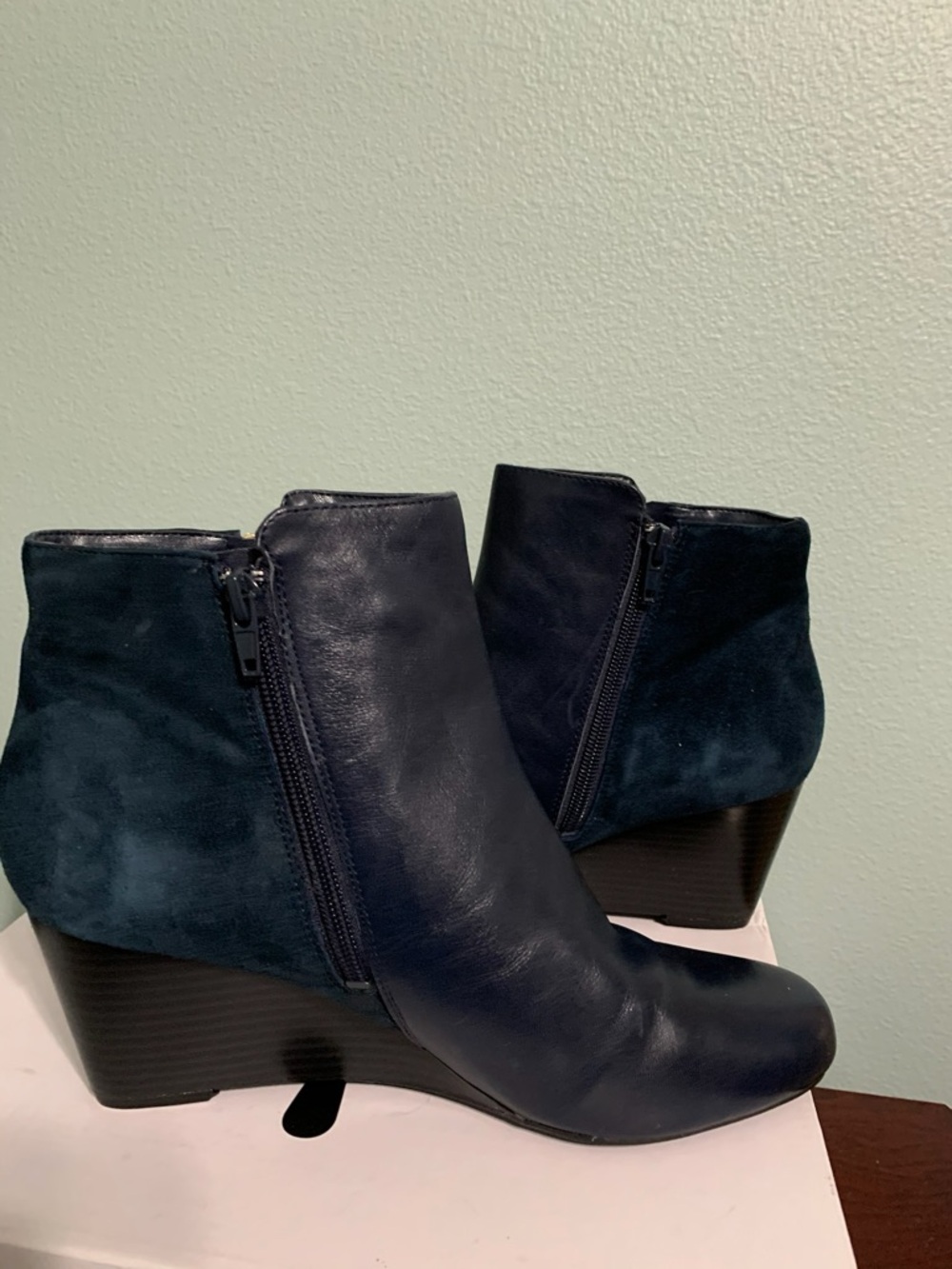 Isaac Mizrahi Navy Leather and Suede Wedge Ankle Boots